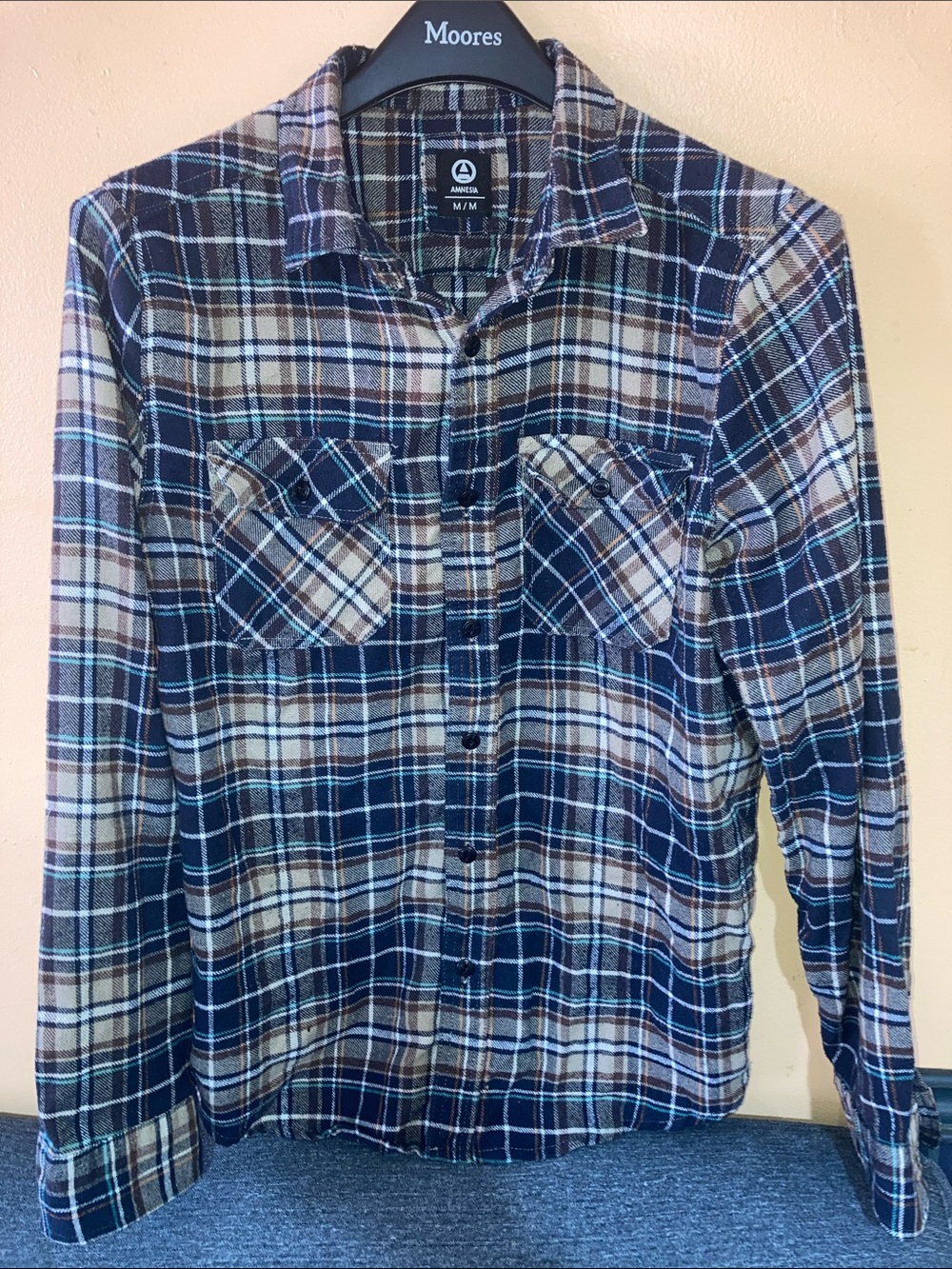 Amnesia Navy & Brown Plaid Button-Down Flannel Shirt